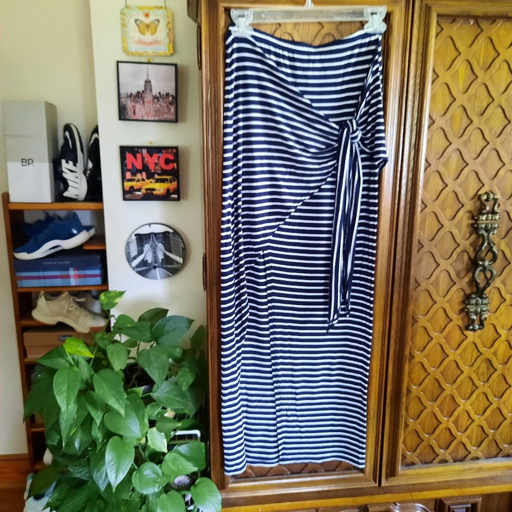Micro-Striped Tie Wrap Maxi Skirt - Navy/White, Size S - Picture 2 of 16